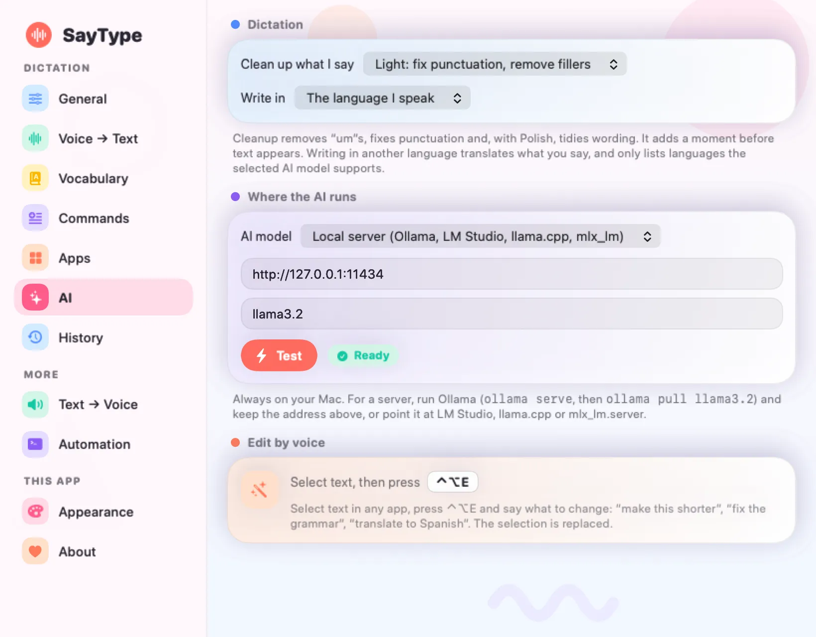 AI settings: cleanup level, output language and where the AI runs.