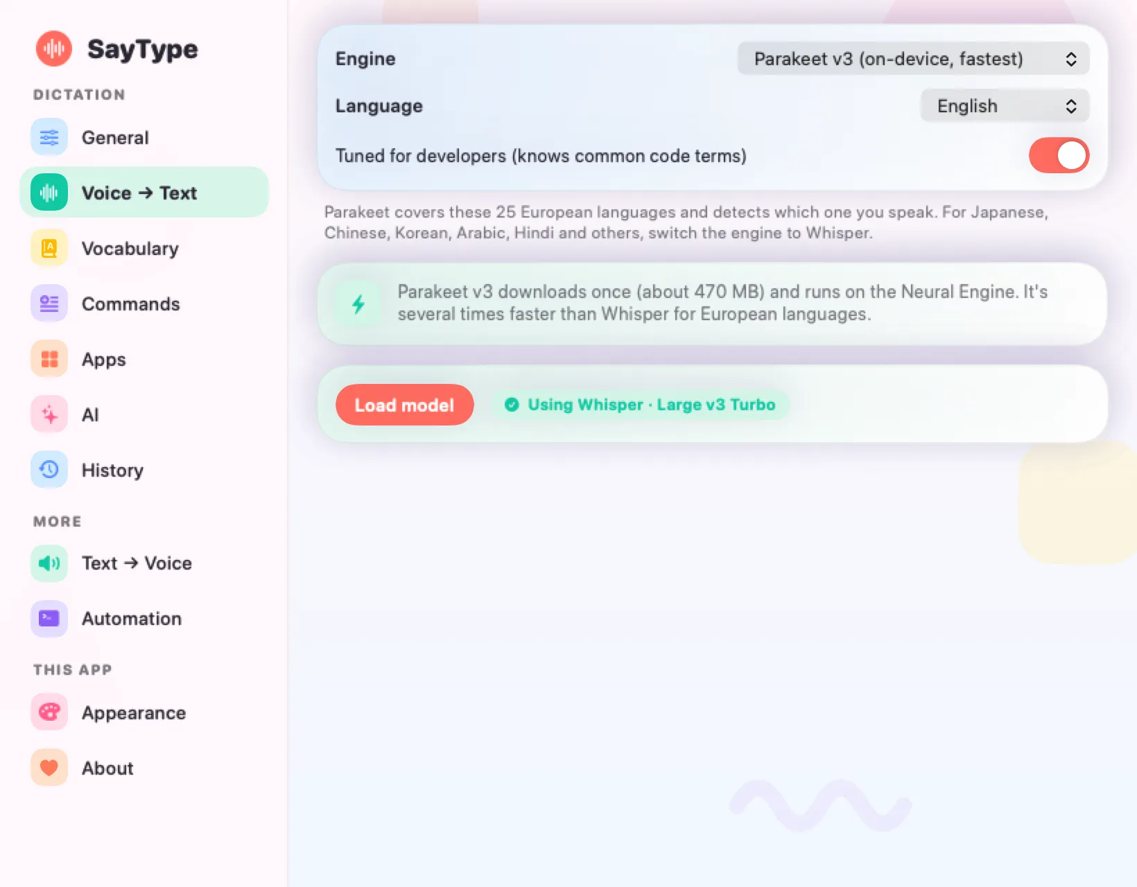 Voice to text settings: engine, language and model.
